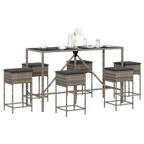 Set mobilier bar de grădină cu perne, 7 piese, gri, poliratan