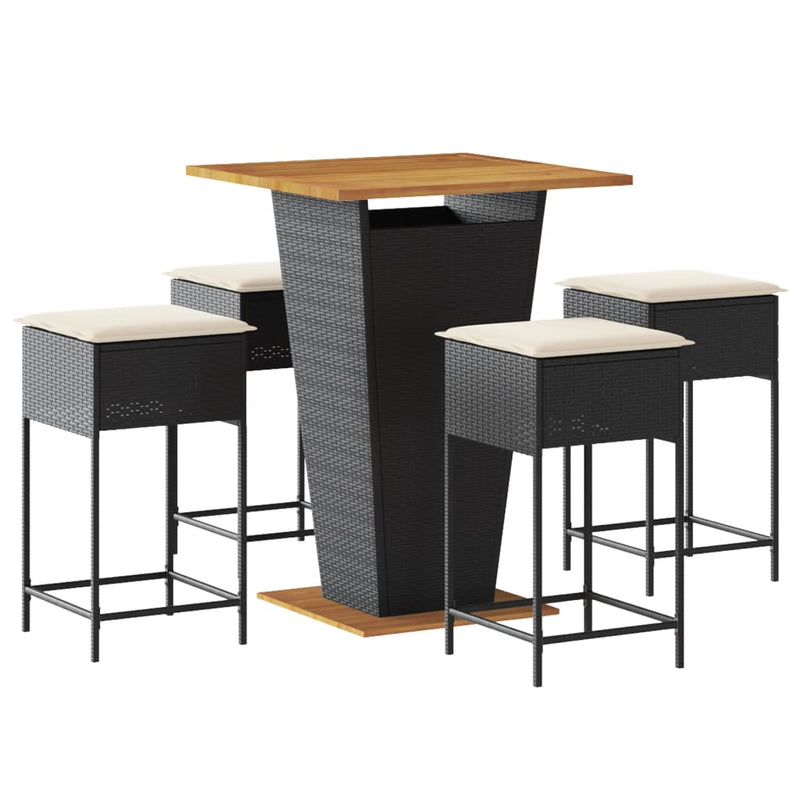 Set mobilier bar de grădină cu perne, 5 piese, negru, poliratan