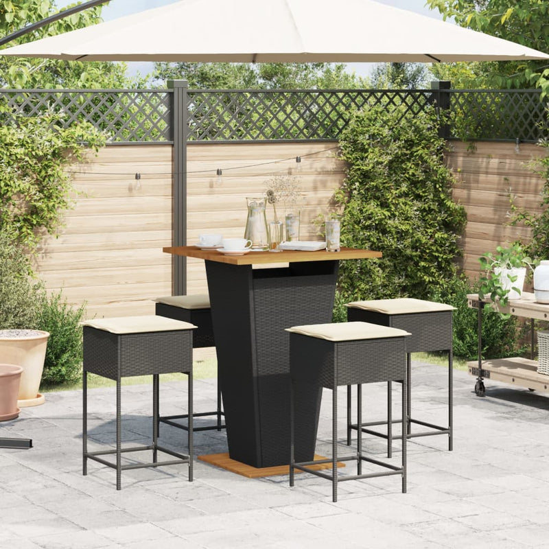 Set mobilier bar de grădină cu perne, 5 piese, negru, poliratan