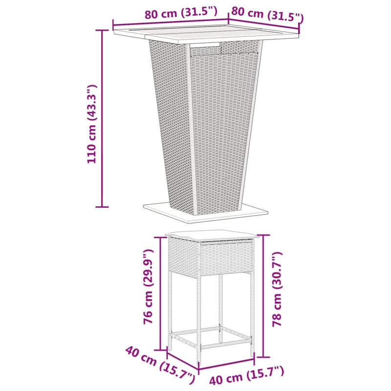 Set mobilier bar de grădină cu perne, 5 piese, negru, poliratan
