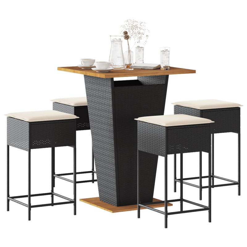 Set mobilier bar de grădină cu perne, 5 piese, negru, poliratan