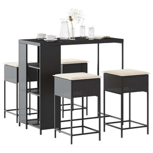Set mobilier bar de grădină cu perne, 5 piese, negru, poliratan