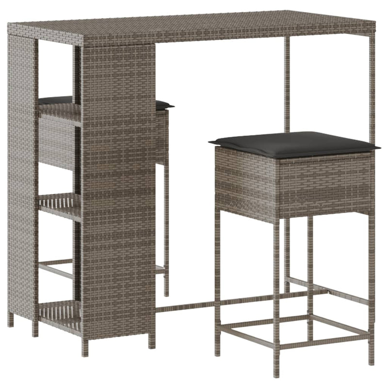 Set mobilier bar de grădină, cu perne, 3 piese, gri, poliratan