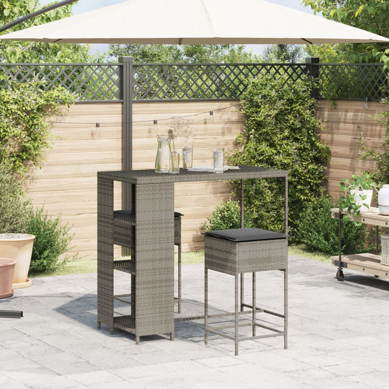 Set mobilier bar de grădină, cu perne, 3 piese, gri, poliratan