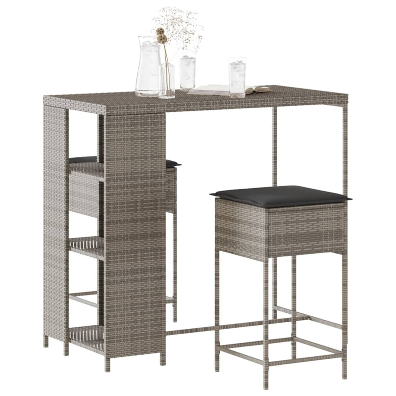 Set mobilier bar de grădină, cu perne, 3 piese, gri, poliratan