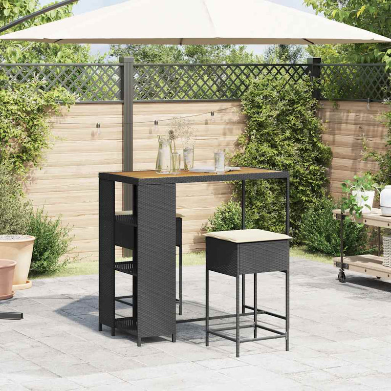 Set mobilier bar de grădină cu perne, 3 piese, negru, poliratan