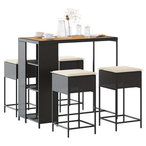 Set mobilier bar de grădină cu perne, 5 piese, negru, poliratan