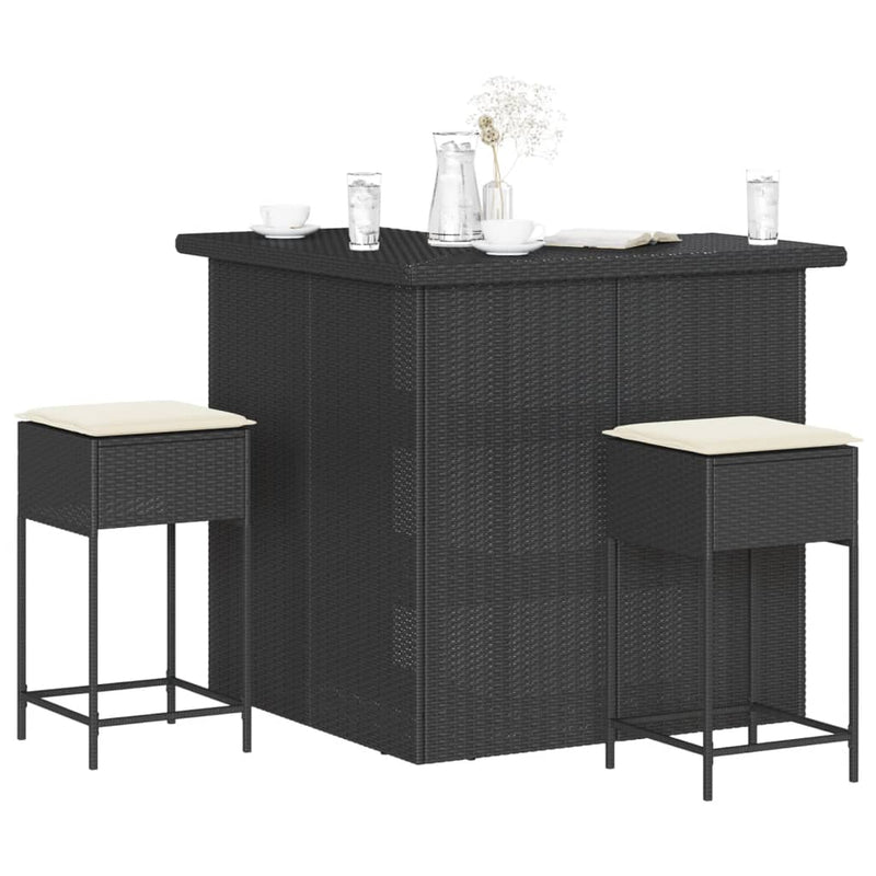 Set mobilier bar de grădină cu perne, 3 piese, negru, poliratan