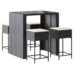 Set mobilier bar de grădină cu perne, 5 piese, negru, poliratan