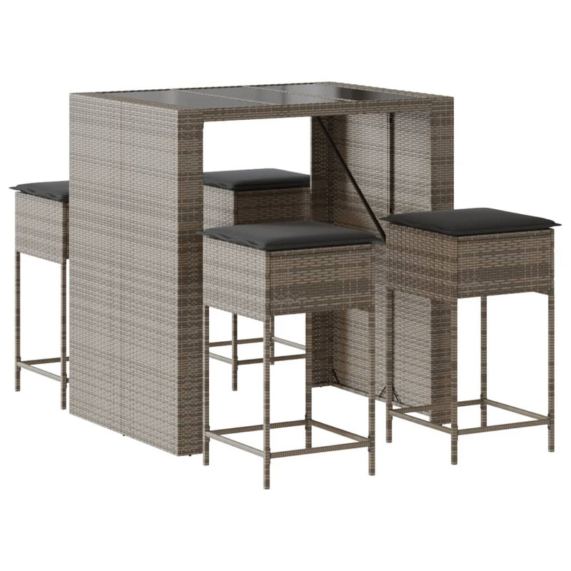 Set mobilier bar de grădină, cu perne, 5 piese, gri, poliratan