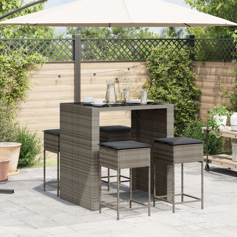 Set mobilier bar de grădină, cu perne, 5 piese, gri, poliratan