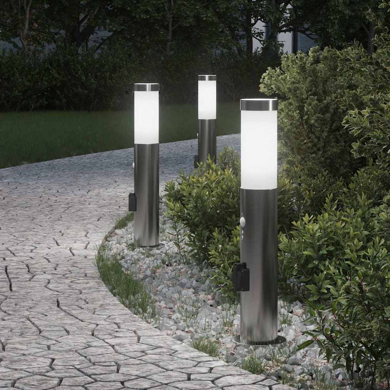 Stâlpi iluminatori cu senzor și priză, 3 buc., 50 cm, oțel inoxidabil, IP44
