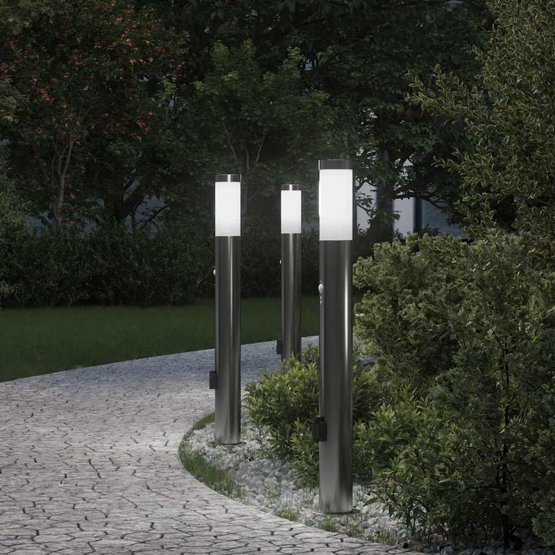 Stâlpi iluminatori cu senzor și priză, 3 buc., 80 cm, oțel inoxidabil, IP44