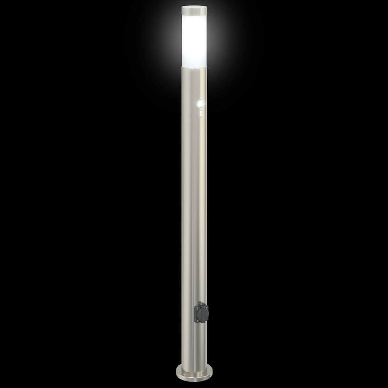 Stâlpi iluminatori cu senzor și priză, 3 buc., 110 cm, oțel inoxidabil, IP44