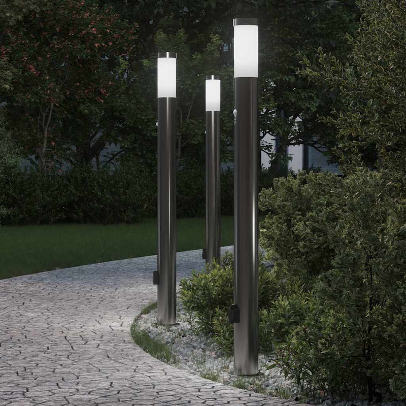 Stâlpi iluminatori cu senzor și priză, 3 buc., 110 cm, oțel inoxidabil, IP44