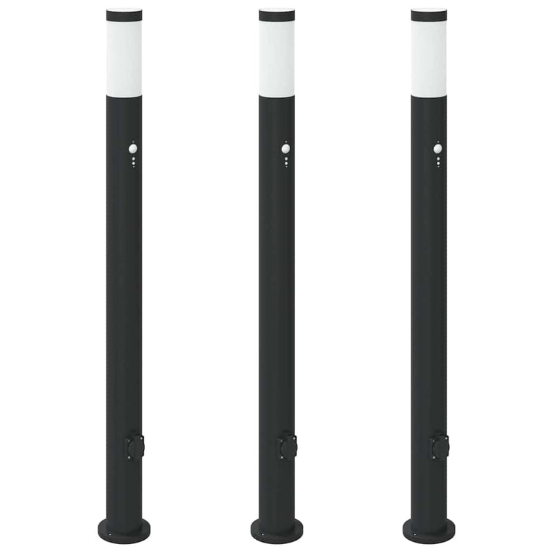 Stâlpi iluminatori cu senzor și priză, 3 buc., 110 cm, oțel inoxidabil, IP44
