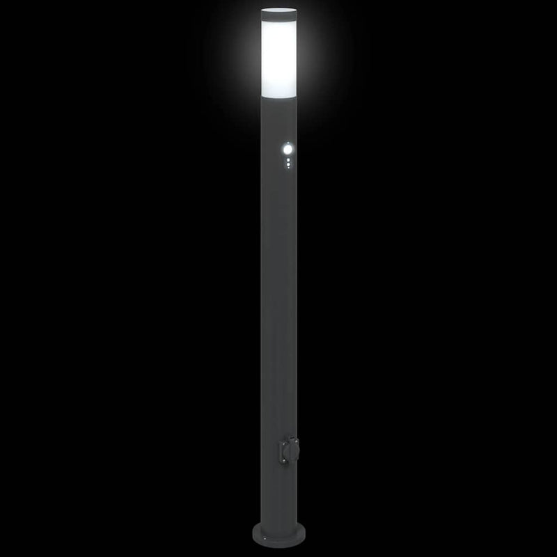 Stâlpi iluminatori cu senzor și priză, 3 buc., 110 cm, oțel inoxidabil, IP44