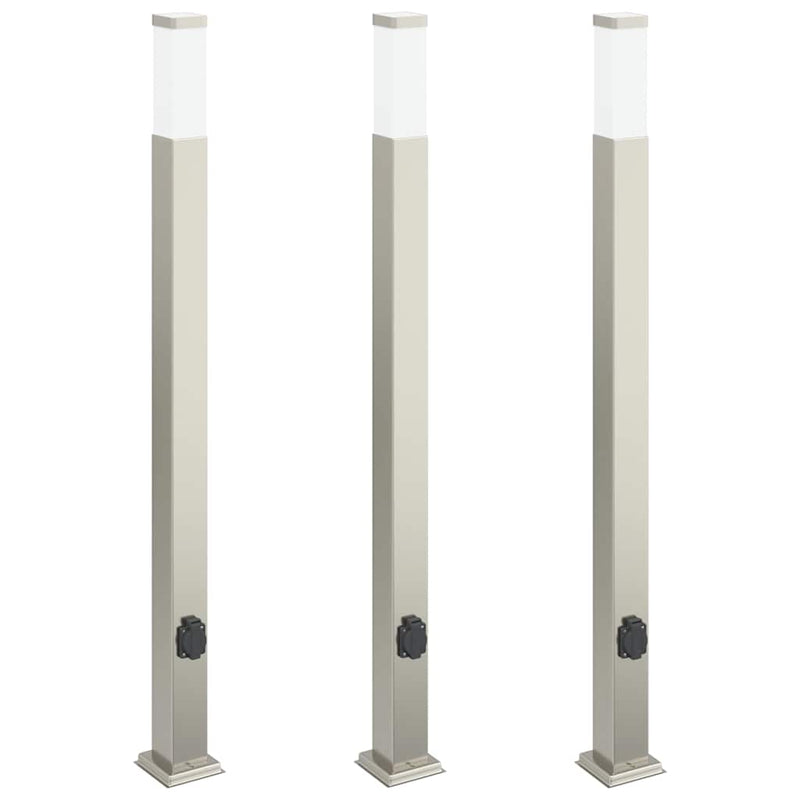 Stâlpi iluminatori cu priză, 3 buc., 110 cm, oțel inoxidabil, IP44