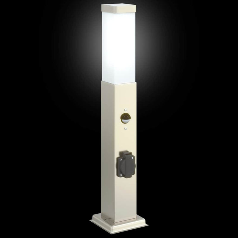 Stâlpi iluminatori cu senzor și priză, 3 buc., 50 cm, oțel inoxidabil, IP44