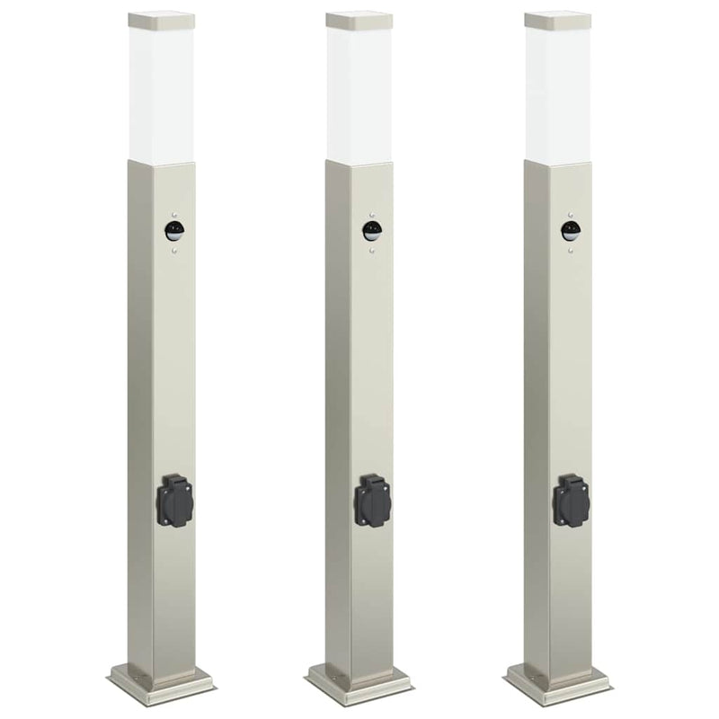 Stâlpi iluminatori cu senzor și priză, 3 buc., 80 cm, oțel inoxidabil, IP44