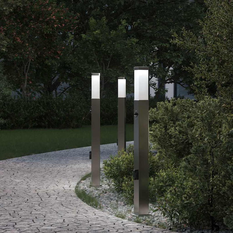 Stâlpi iluminatori cu senzor și priză, 3 buc., 80 cm, oțel inoxidabil, IP44