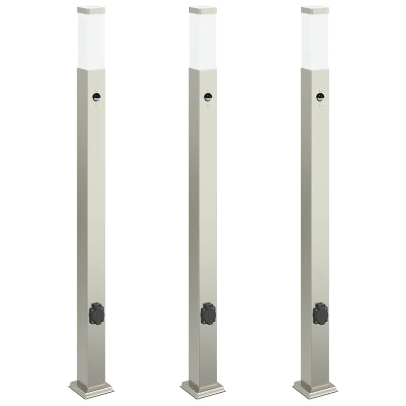 Stâlpi iluminatori cu senzor și priză, 3 buc., 110 cm, oțel inoxidabil, IP44