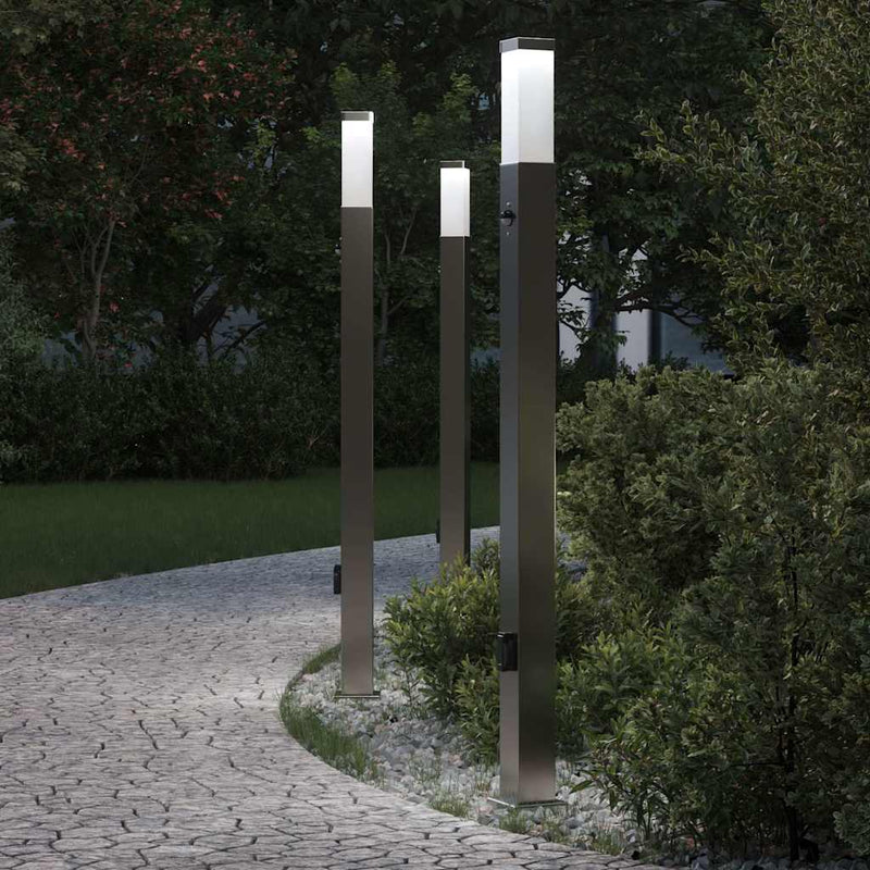 Stâlpi iluminatori cu senzor și priză, 3 buc., 110 cm, oțel inoxidabil, IP44