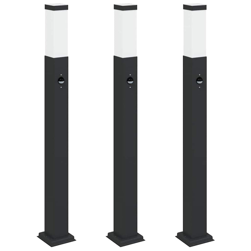 Stâlpi iluminatori cu senzor, 3 buc., 80 cm, negru, IP44