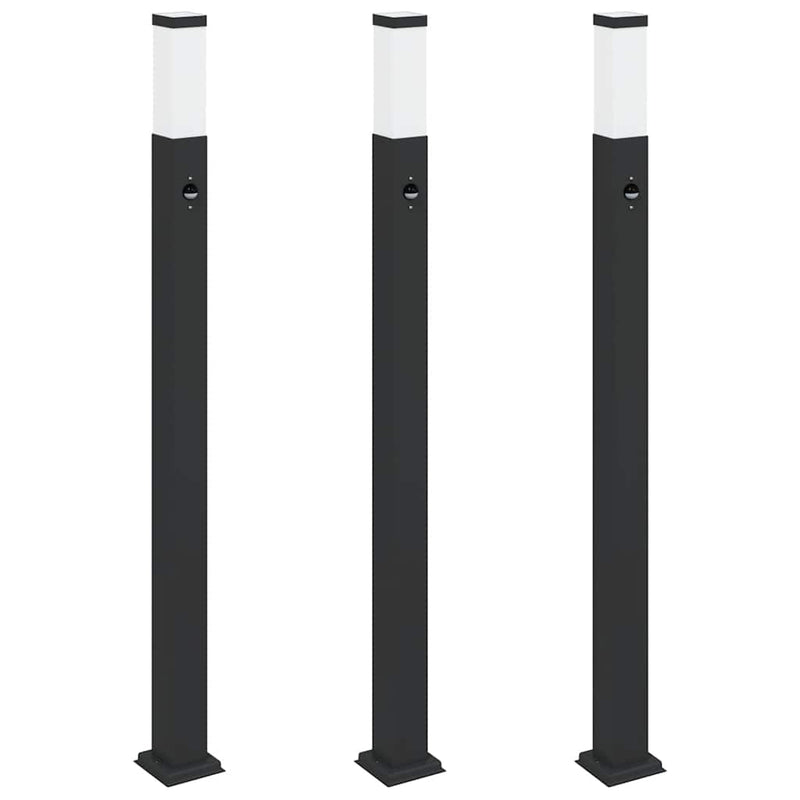 Stâlpi iluminatori cu senzor, 3 buc., 110 cm, negru, IP44