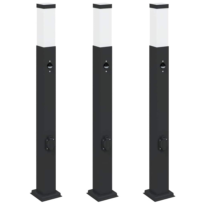 Stâlpi iluminatori cu senzor și priză, 3 buc., 80 cm, negru, IP44