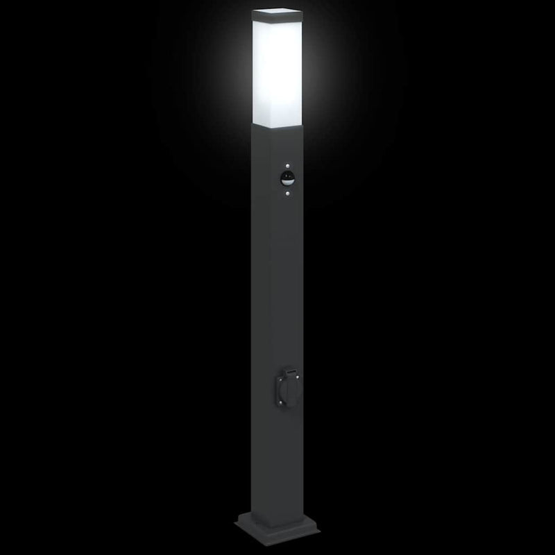 Stâlpi iluminatori cu senzor și priză, 3 buc., 80 cm, negru, IP44