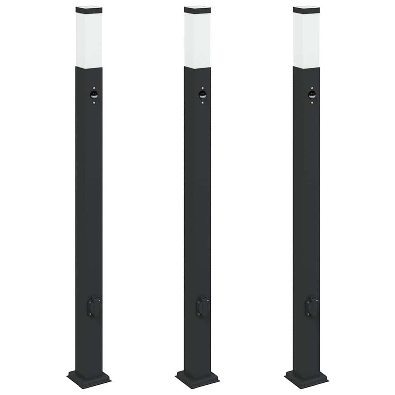 Stâlpi iluminatori cu senzor și priză, 3 buc., 110 cm, negru, IP44