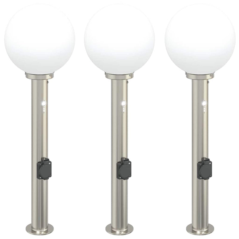 Stâlpi iluminatori cu senzor și priză, 3 buc., 80 cm, oțel inoxidabil, IP44