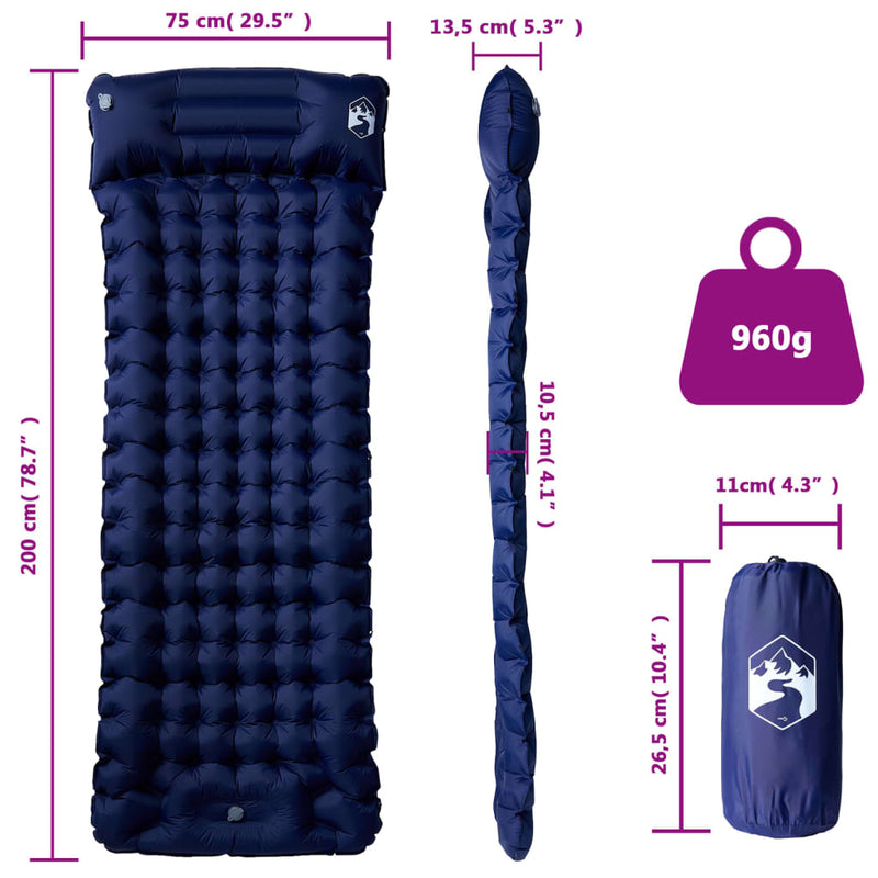 Saltea de camping auto-gonflabilă cu pernă 1 persoană bleumarin