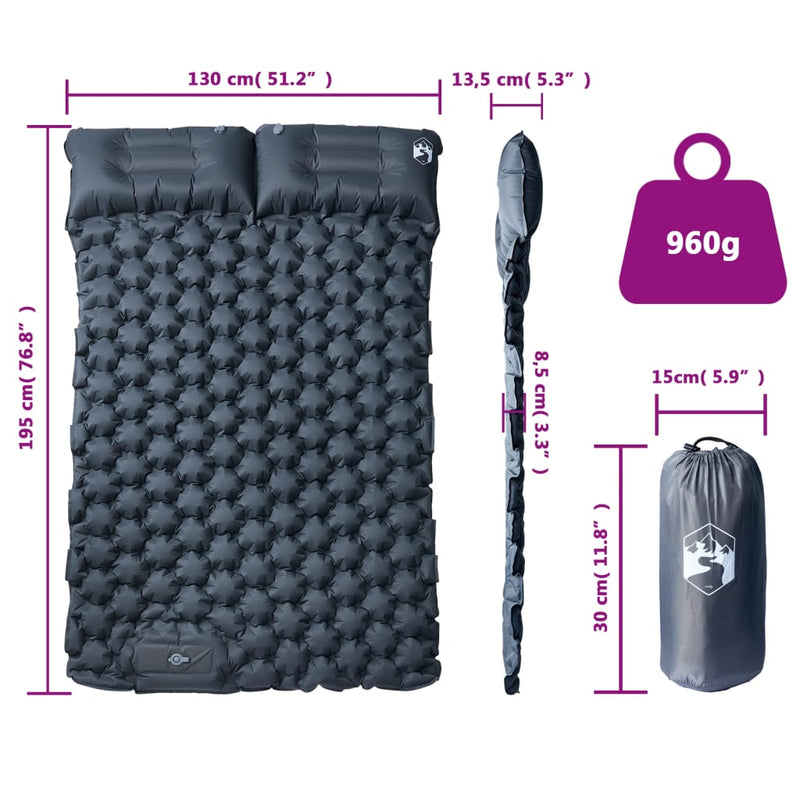 Saltea de camping auto-gonflabilă, cu perne, 2 persoane, gri