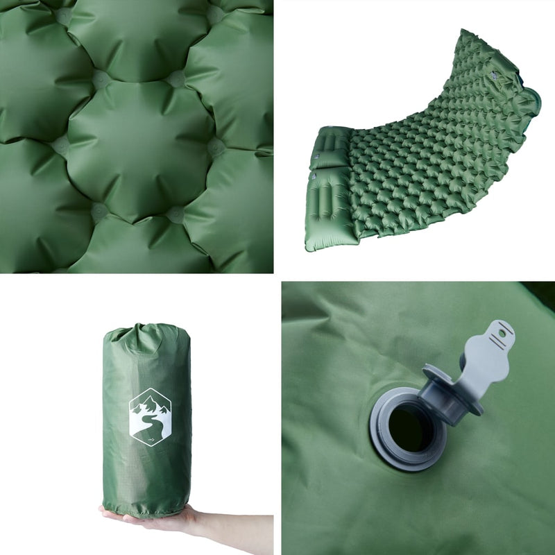 Saltea de camping auto-gonflabilă, cu perne, 2 persoane, verde
