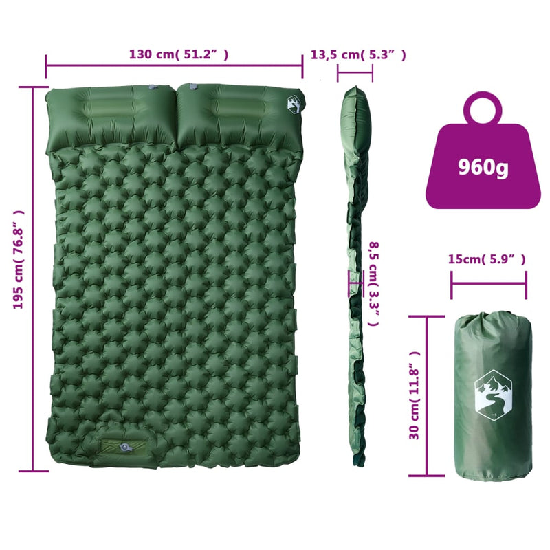Saltea de camping auto-gonflabilă, cu perne, 2 persoane, verde