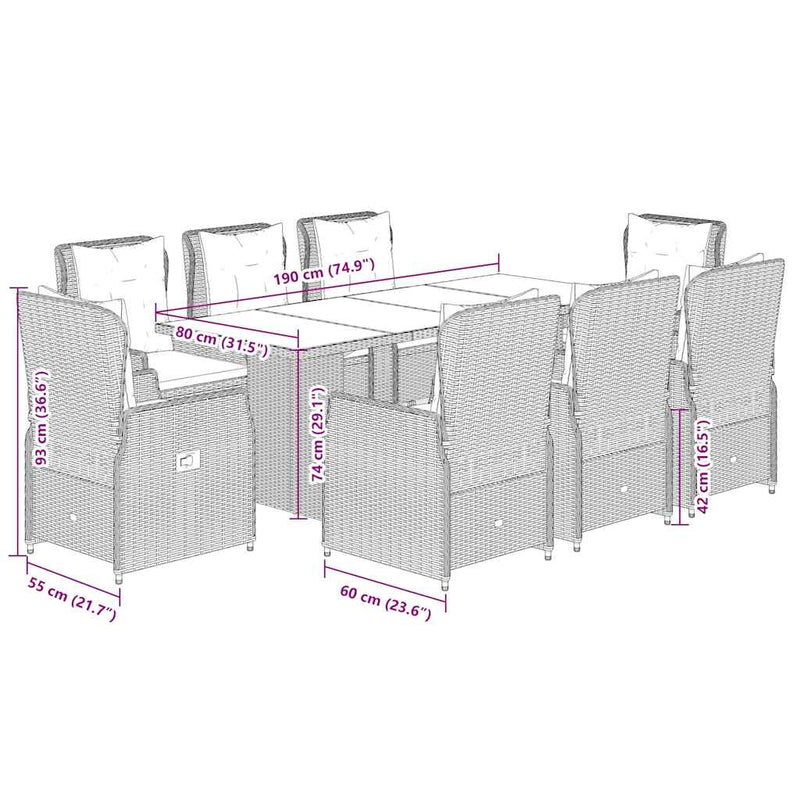 Set mobilier grădină cu perne, 9 piese, gri, poliratan