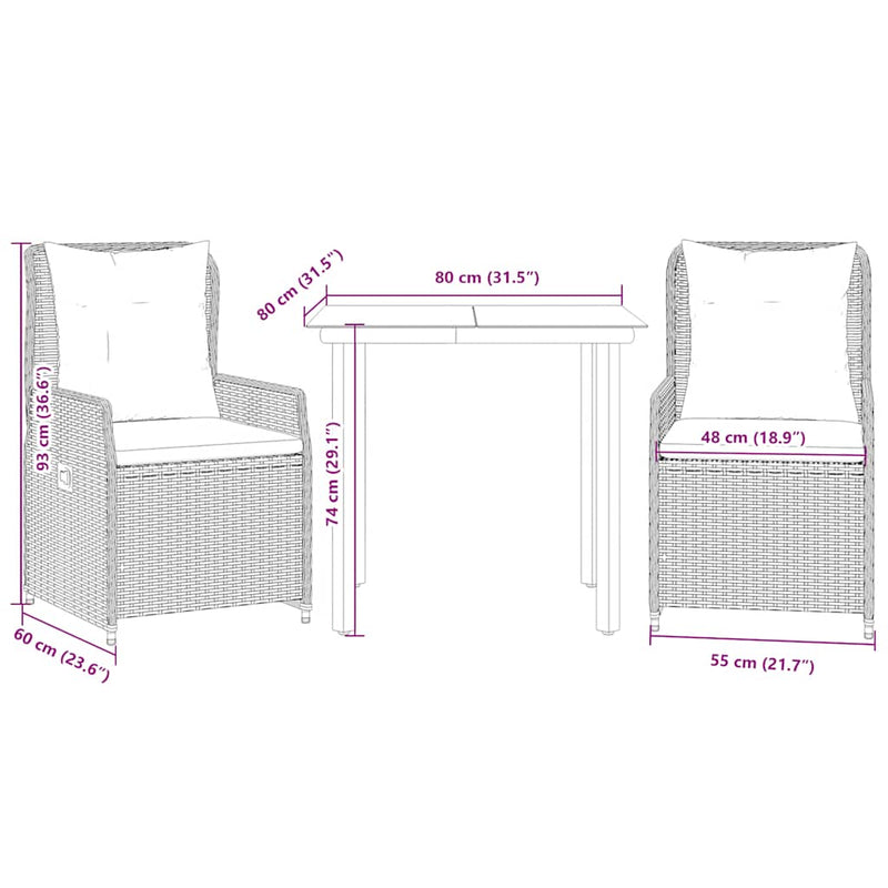 Set mobilier de grădină cu perne, 3 piese, negru, poliratan