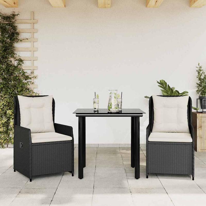 Set mobilier de grădină cu perne, 3 piese, negru, poliratan