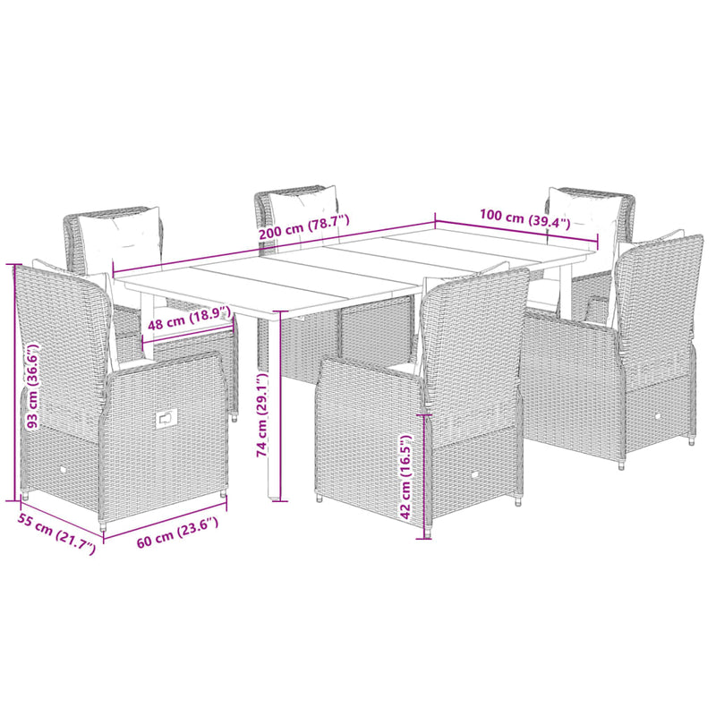 Set mobilier de grădină cu perne, 7 piese, maro, poliratan