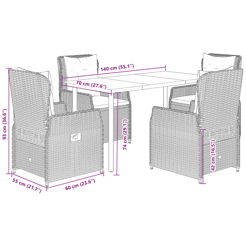 Set mobilier de grădină cu perne, 5 piese, gri, poliratan