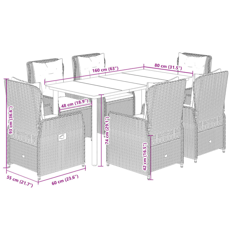 Set mobilier de grădină cu perne, 7 piese gri deschis poliratan