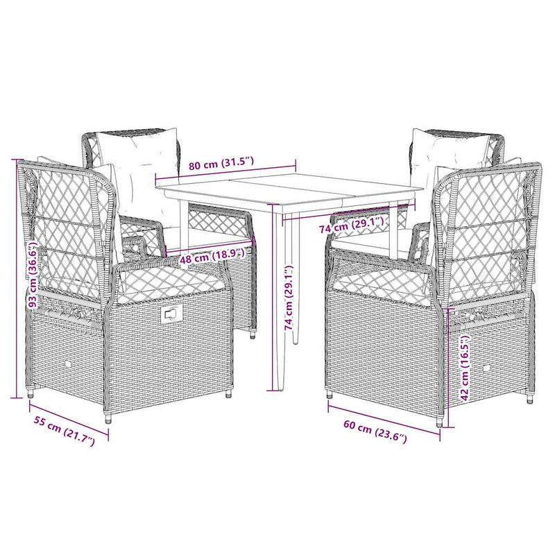 Set mobilier de grădină cu perne, 5 piese, negru, poliratan