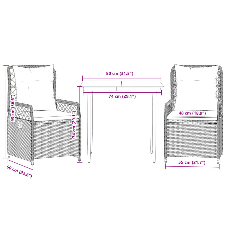 Set mobilier de grădină cu perne, 3 piese, gri, poliratan