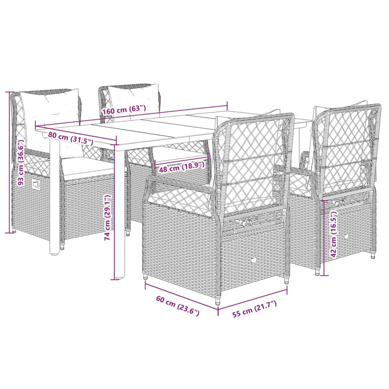 Set mobilier de grădină cu perne, 5 piese, gri, poliratan