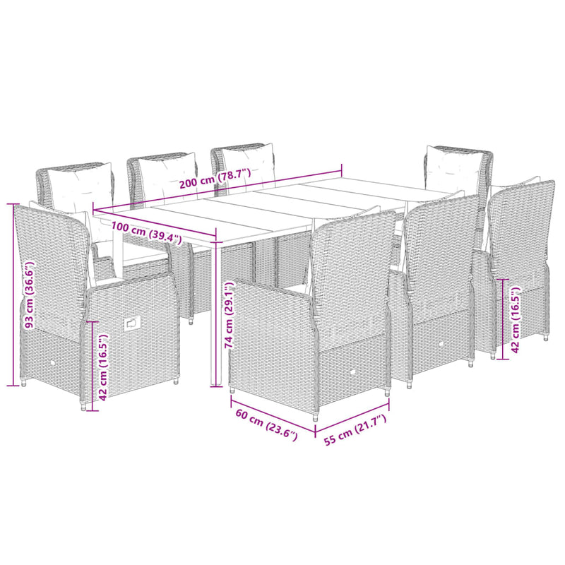 Set mobilier grădină cu perne, 9 piese, gri, poliratan