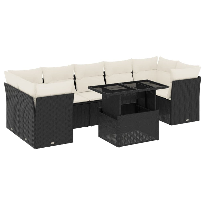 Set mobilier de grădină cu perne, 8 piese, negru, poliratan
