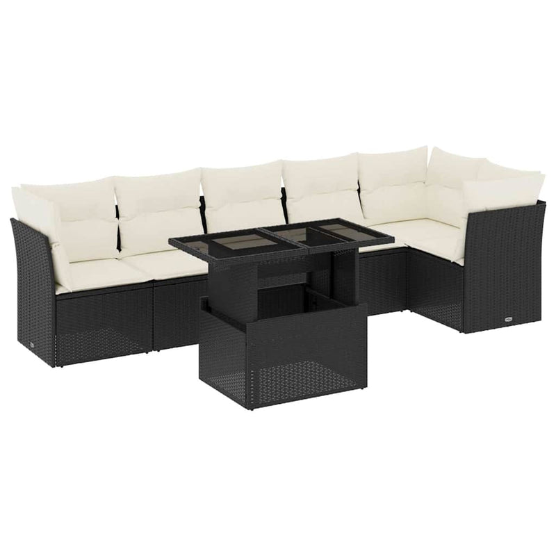Set canapele de grădină cu perne, 7 piese, negru, poliratan
