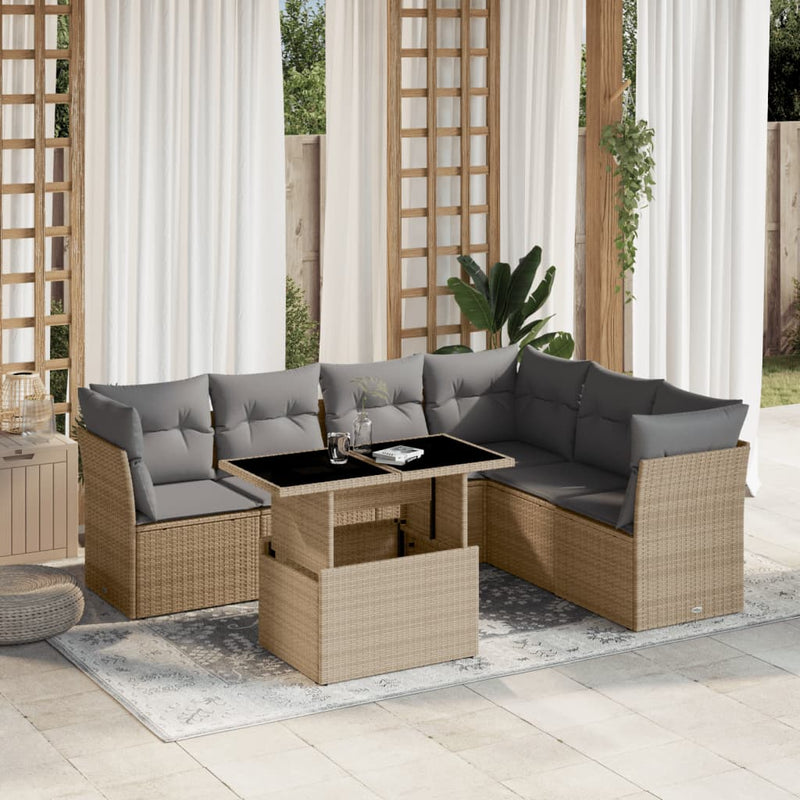 Set canapele de grădină, 7 piese, cu perne, bej, poliratan